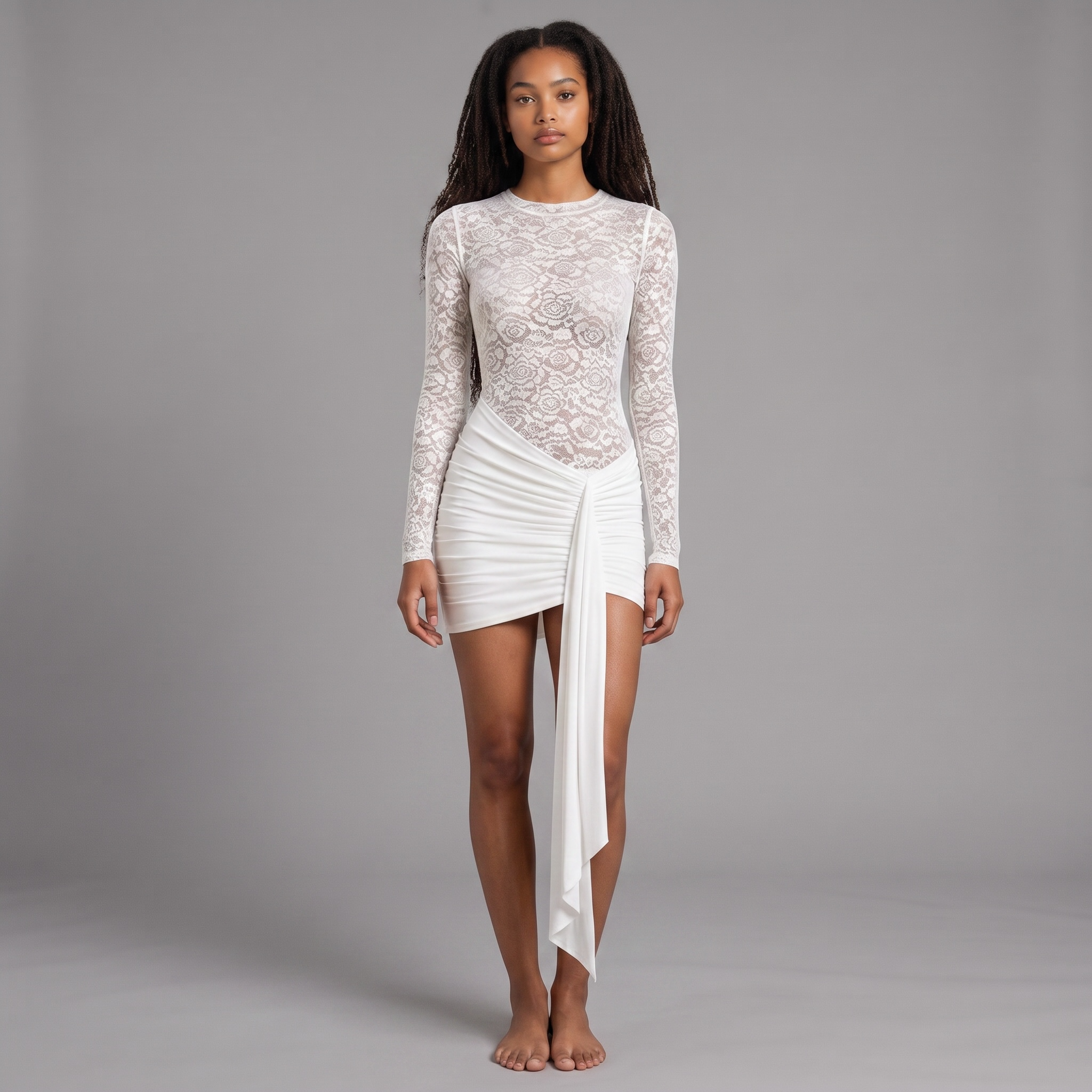 "Clouds" – Weißes Spitzenkleid mit Drapierung