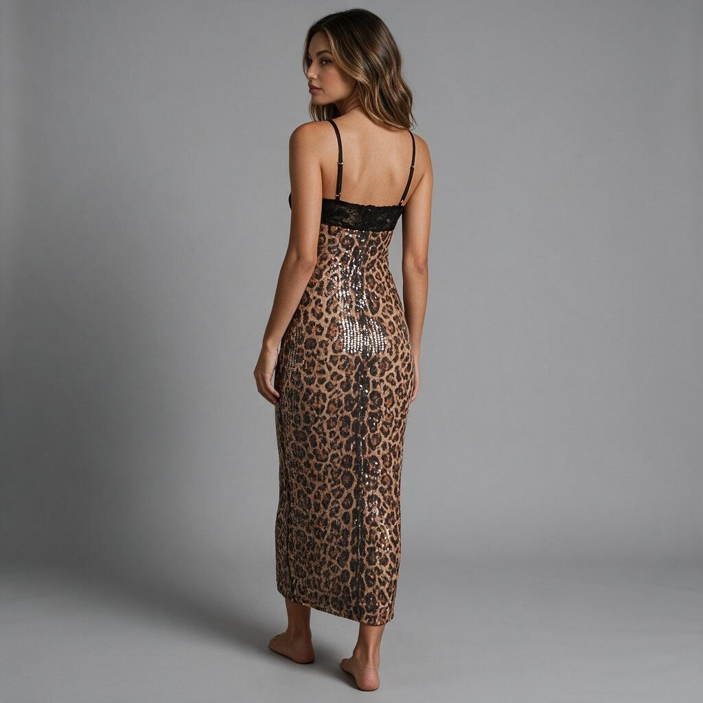 „Leopard Allure“ Elegantes Leo-Maxikleid mit Spitzendetail