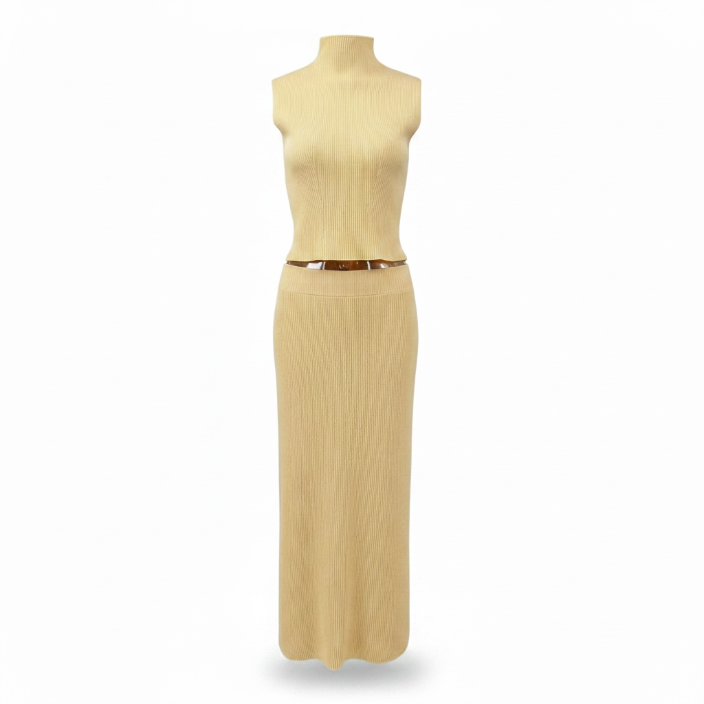 girlzhood Soft Power Rib Set in Creme bestehend aus ärmellosem High-Neck-Top und langem Midirock aus Rippenstrick