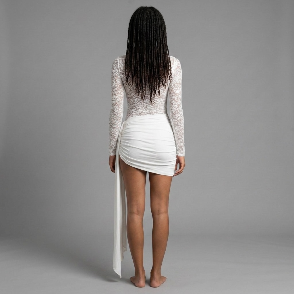 "Clouds" – Weißes Spitzenkleid mit Drapierung