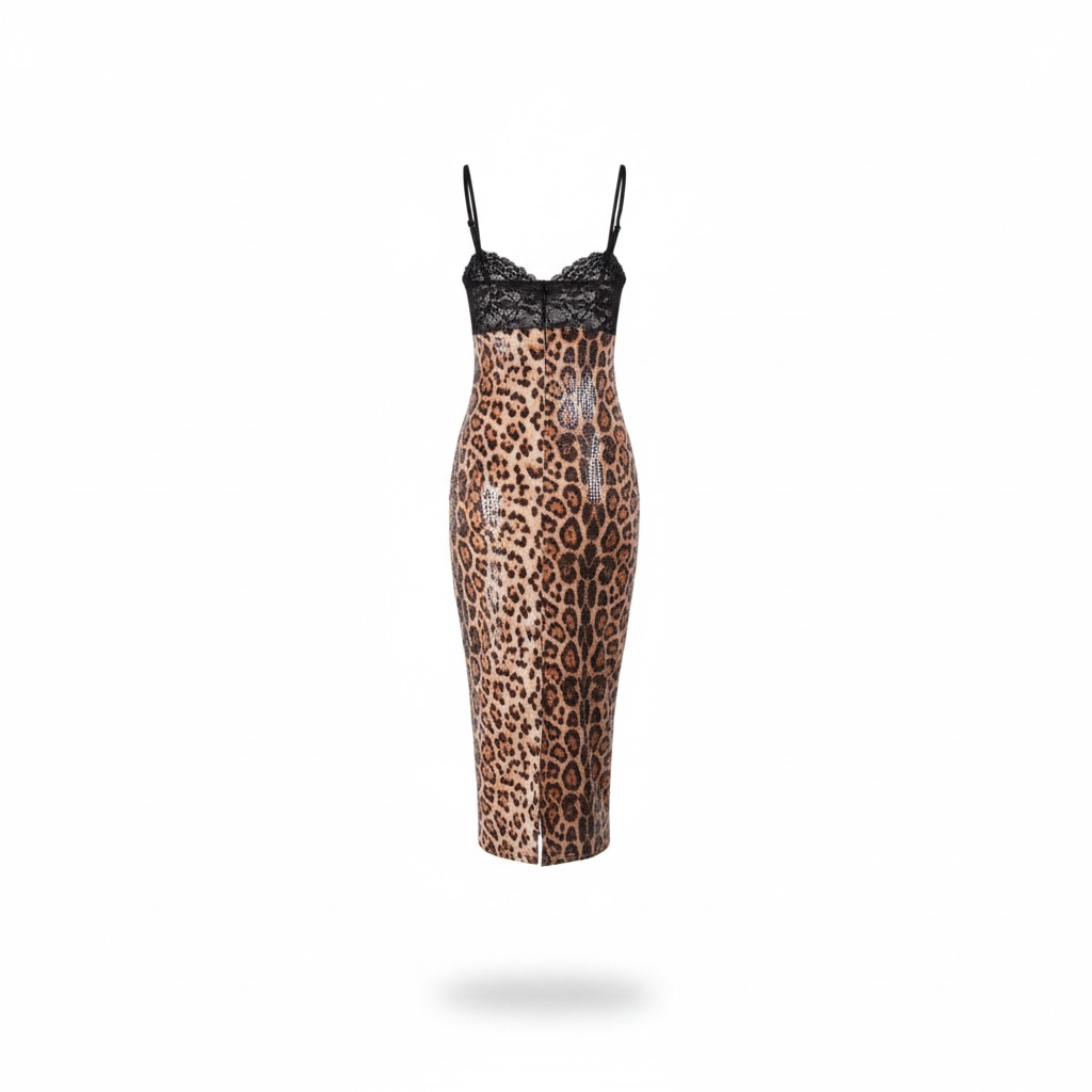 „Leopard Allure“ Elegantes Leo-Maxikleid mit Spitzendetail