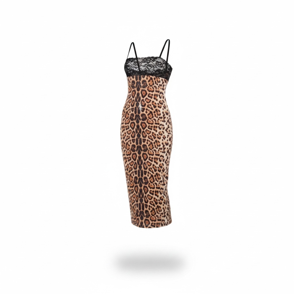 „Leopard Allure“ Elegantes Leo-Maxikleid mit Spitzendetail