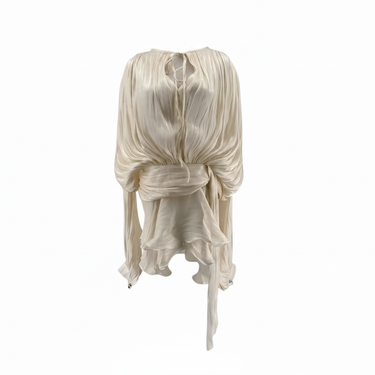 girlzhood Avenique Minikleid in Creme mit fließendem Stoff, voluminösen Ärmeln und eleganter Drapierung