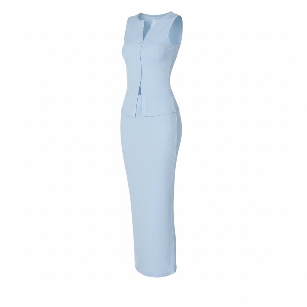 girlzhood Cold Flame zweiteiliges Set in Babyblau aus geripptem Strick mit ärmellosem Top und figurbetontem Maxirock