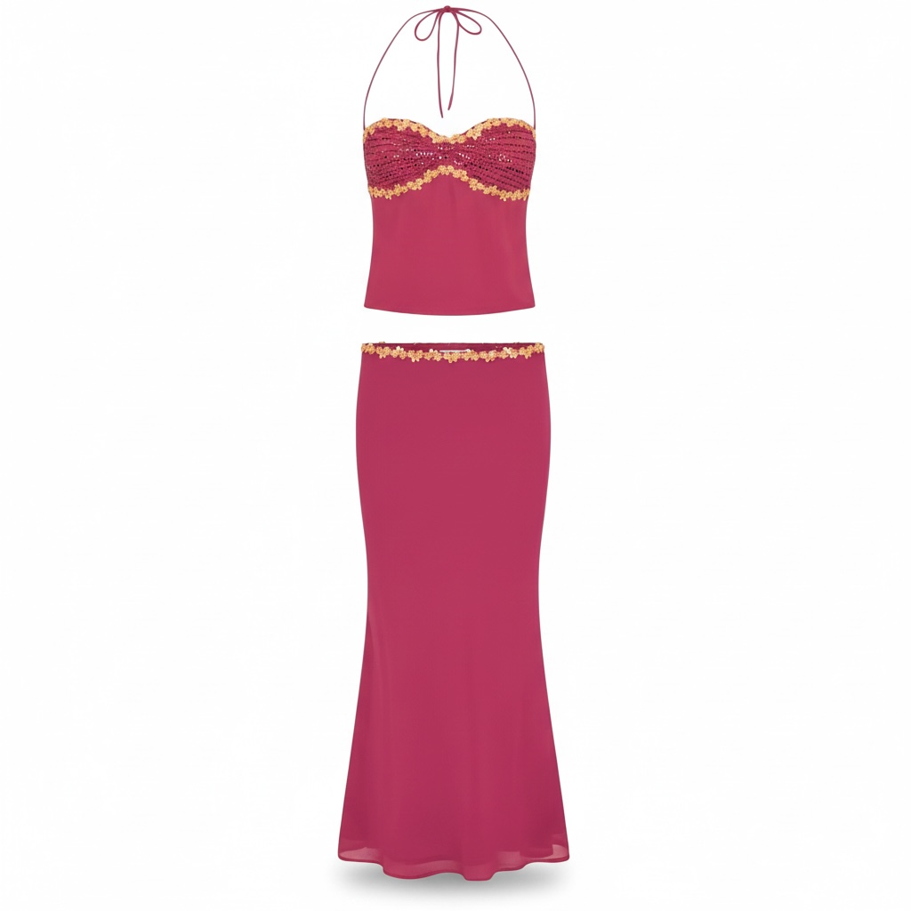 girlzhood Bella Vanta Maxi Set in Rosé mit Halterneck-Oberteil, floralen Applikationen und schimmernden Pailletten