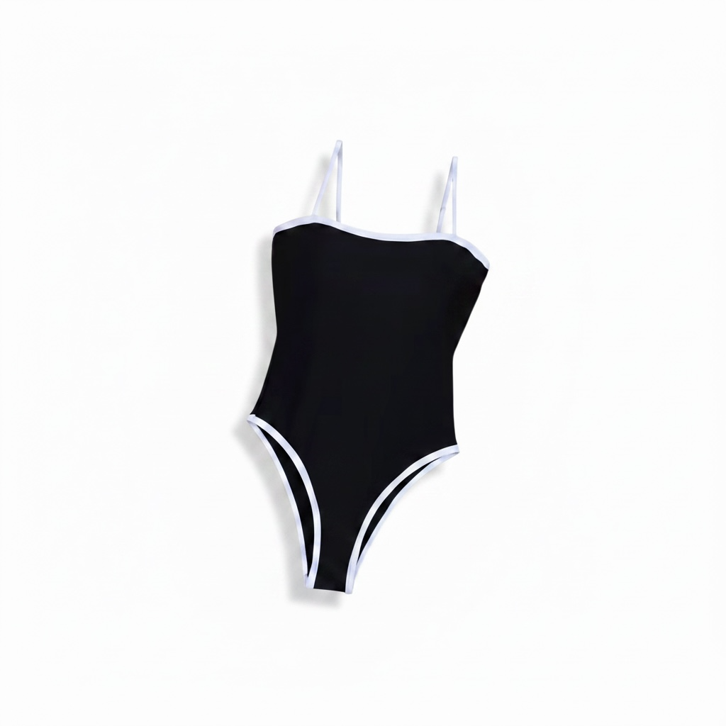 girlzhood Bodysuit Crimora in Schwarz mit weißen Kontrastkanten und dünnen Trägern für einen eleganten Look