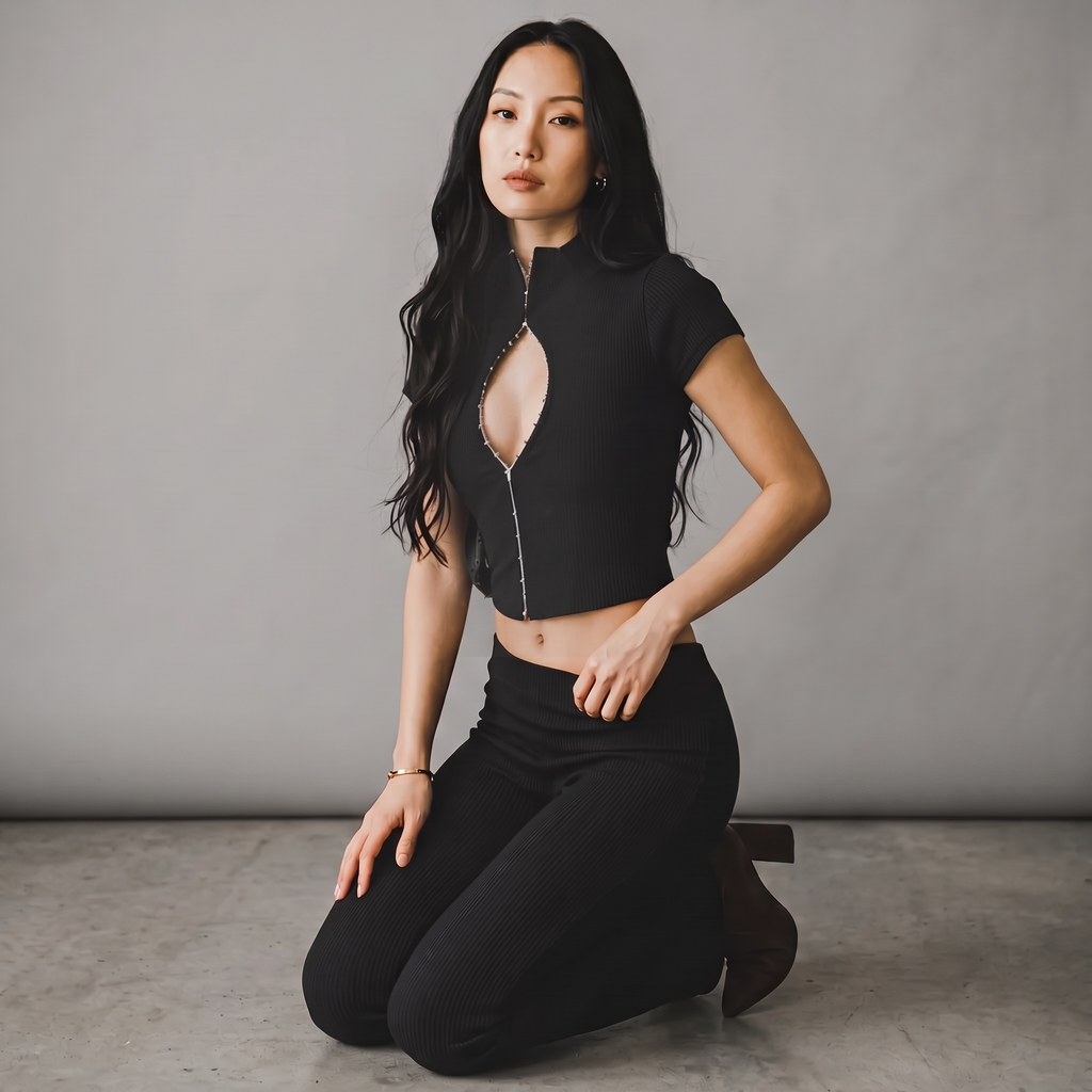 Model trägt das schwarze girlzhood Bold Touch 2-Piece Set mit Cut-Out-Oberteil und passender Hose im Studio