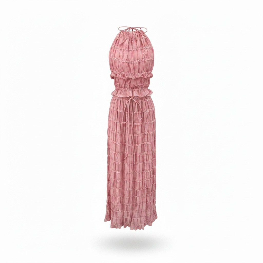 girlzhood Set Bravina in Altrosa mit Halterneck-Top und Maxirock aus transparentem, gerafftem Stoff