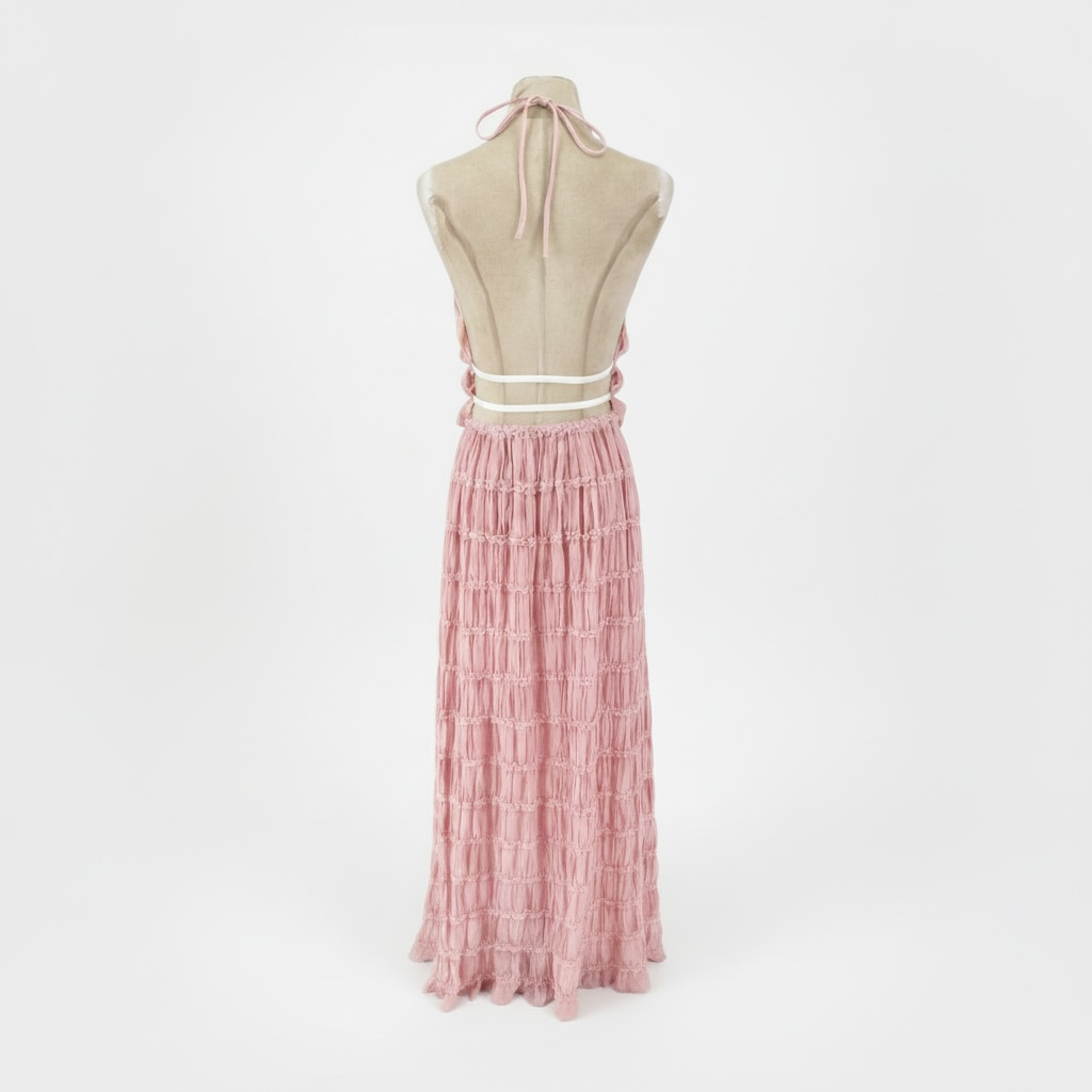 girlzhood Set Bravina in Rosa mit rückenfreiem Halterneck-Top und transparentem, mehrlagigem Maxirock mit Rüschen