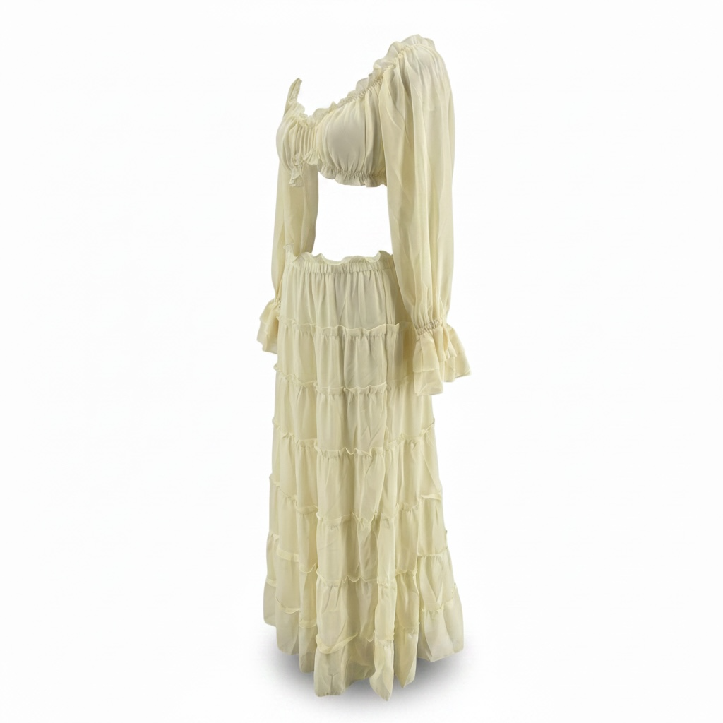 girlzhood buttergelbes 2-teiliges Chiffon-Set mit Off-Shoulder Crop Top, langen Ärmeln und mehrlagigem Minirock