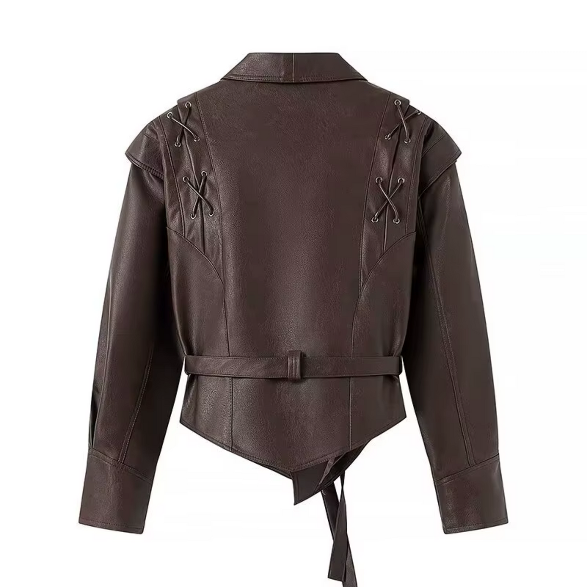 girlzhood Celestique Kunstlederjacke in Braun mit Schnürdetails an den Schultern und Bindegürtel, Rückansicht