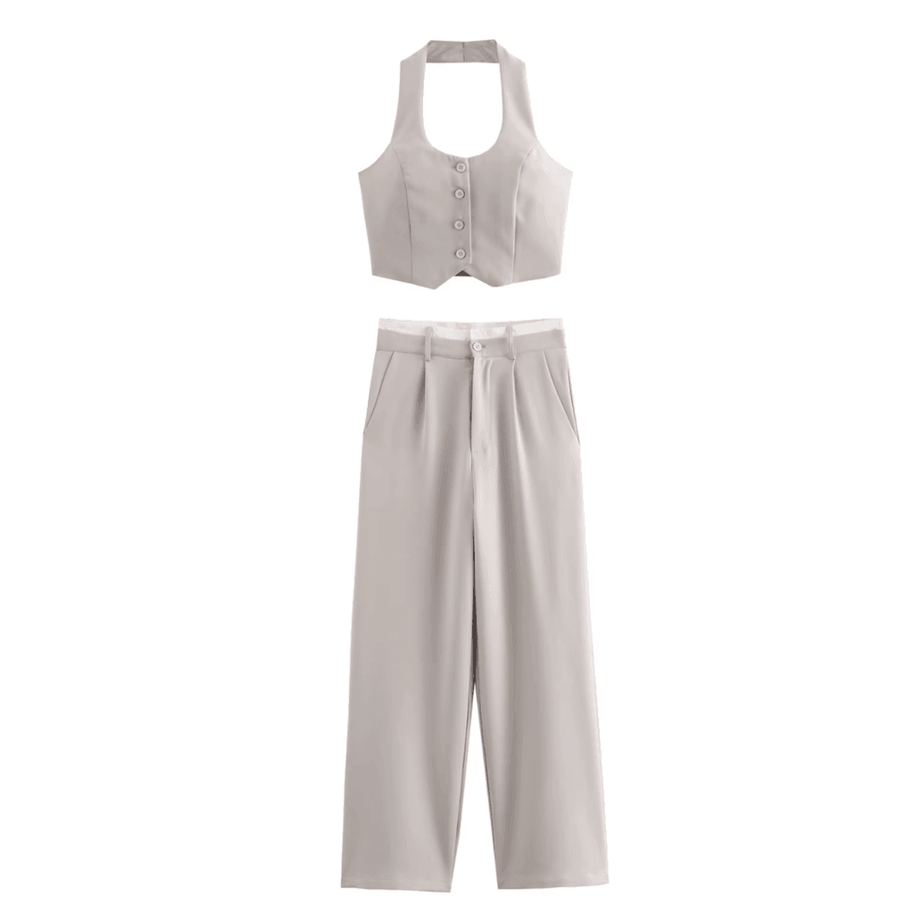 girlzhood Chic Power Anzugset in Beige mit ärmellosem Halfter-Top und fließender High-Waist-Hose