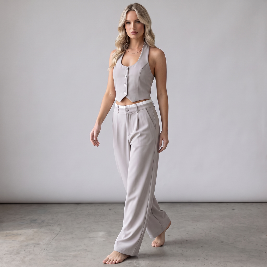 Model trägt das girlzhood Chic Power Suit Set mit ärmellosem Halfter-Top und beiger High-Waist-Hose im Studio