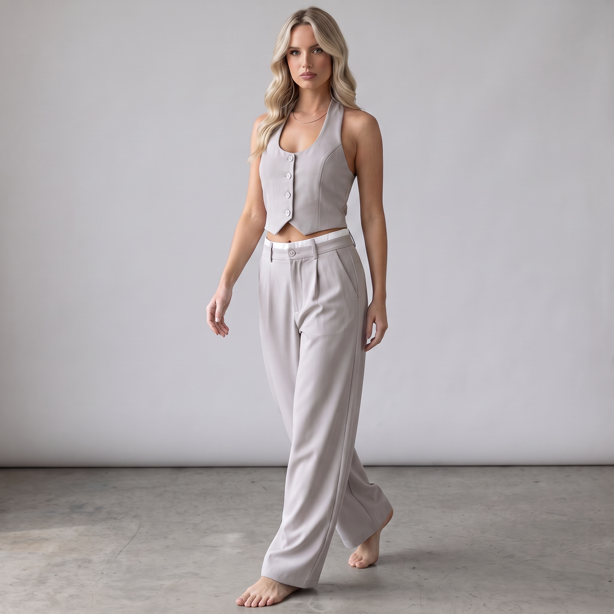 Model trägt das girlzhood Chic Power Suit Set mit ärmellosem Halfter-Top und beiger High-Waist-Hose im Studio