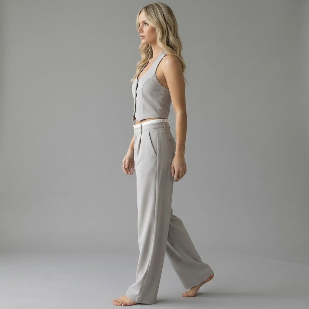 girlzhood Chic Power Anzugset in Grau mit ärmellosem Halfter-Top und High-Waist-Hose an einem Model