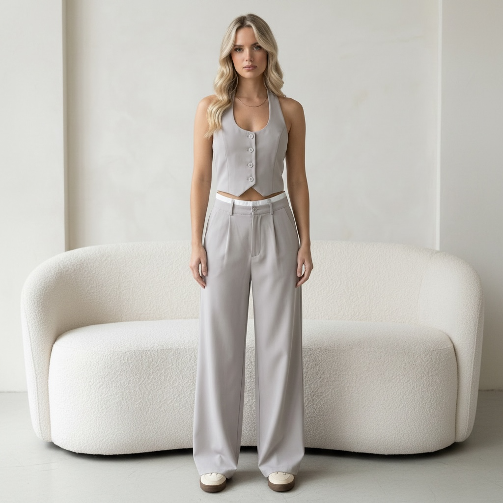 girlzhood Chic Power Anzugset in Hellgrau mit ärmellosem Halfter-Top und High-Waist-Hose an einer blonden Frau