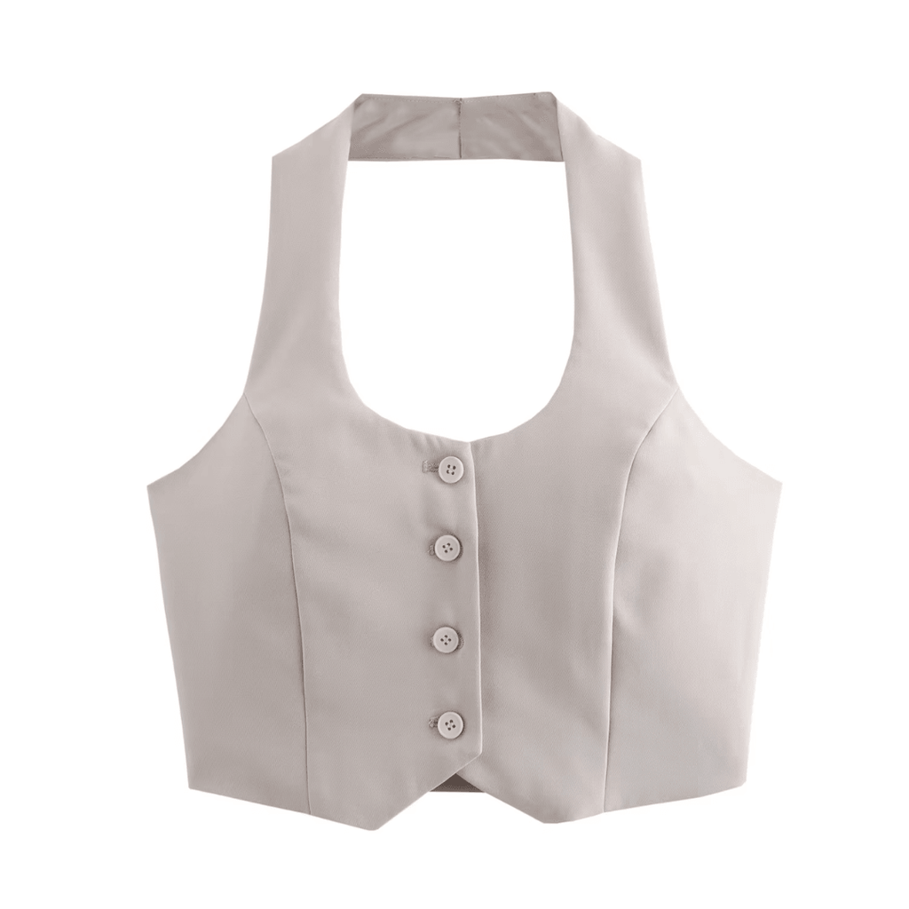 girlzhood Chic Power ärmelloses Halfter-Top in Beige mit Knopfleiste und elegantem Schnitt für Damen