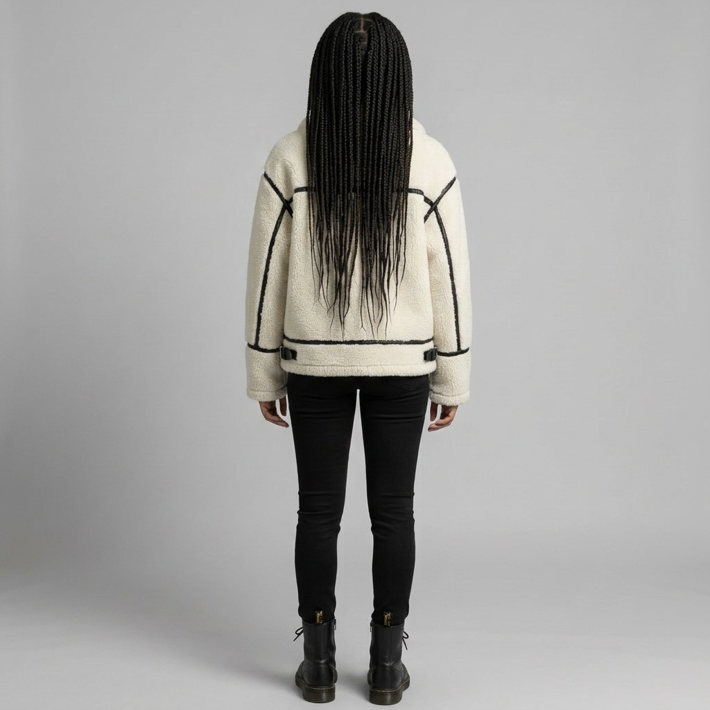 girlzhood Coat Grimelle in Creme mit schwarzem Kontrastbesatz und Teddy-Fell in Oversized-Passform, Rückansicht