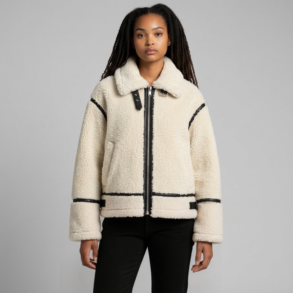 Model trägt girlzhood Coat Grimelle, eine cremefarbene Teddy-Jacke im Aviator-Stil mit schwarzen Kontrastdetails.