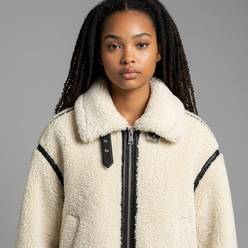 girlzhood Grimelle Aviator-Jacke aus beigem Teddy-Fell mit schwarzen Kontrastdetails und Reißverschluss im Oversized-Look