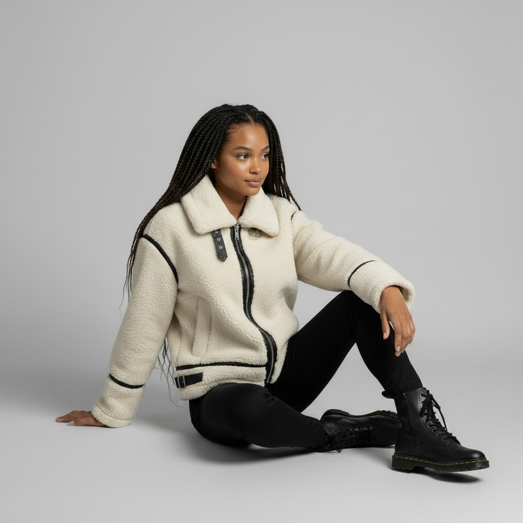 girlzhood Coat Grimelle in Creme mit schwarzem Reißverschluss und Teddy-Fell im Oversized-Aviator-Stil