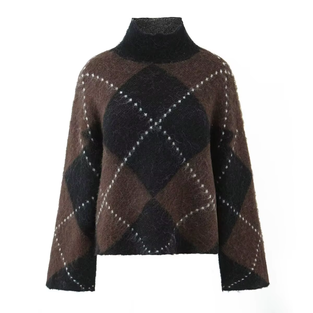 girlzhood Dark Mocha Strickpullover mit Rollkragen und braun-schwarzem Rautenmuster im Oversized-Look