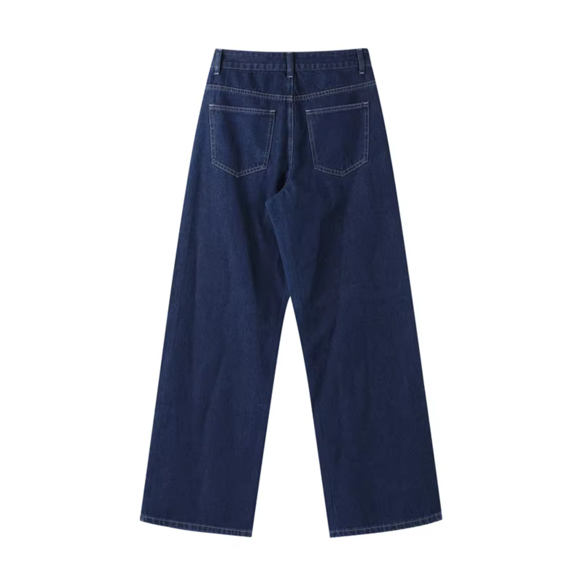 girlzhood Denvéra High-Waist Jeans in dunklem Indigo-Denim mit weitem Schnitt und Gesäßtaschen, Rückansicht