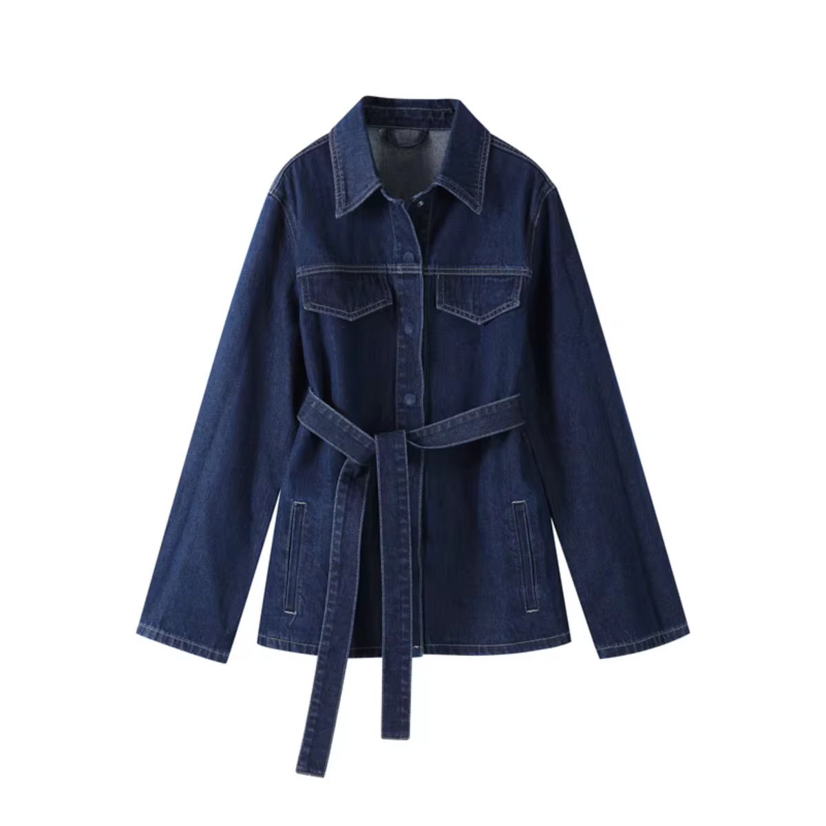 girlzhood Denvéra Jeansjacke in dunklem Indigo mit Taillengürtel und Oversized-Schnitt aus hochwertigem Denim
