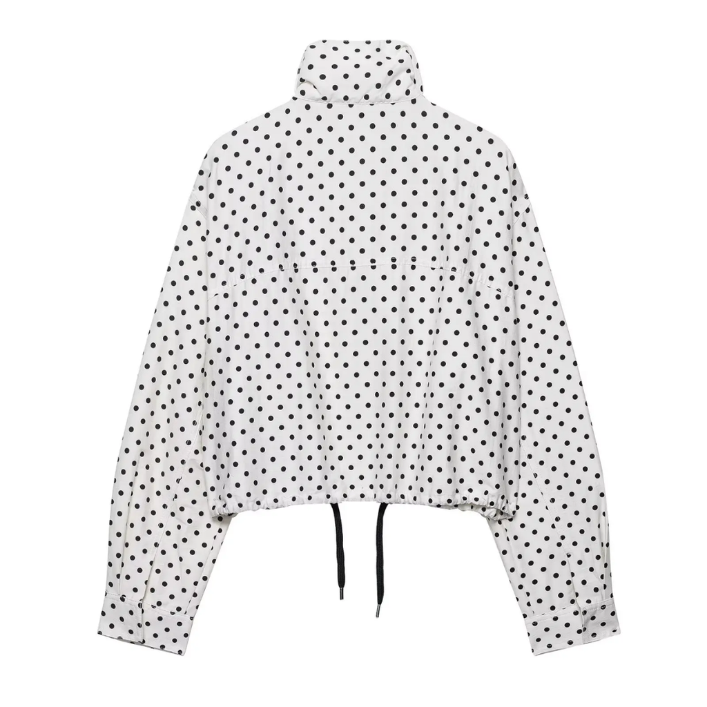 girlzhood Dot Game Street Set Jacke in Weiß mit schwarzem Polka-Dot-Muster, kurzem Schnitt und Kordelzug am Saum