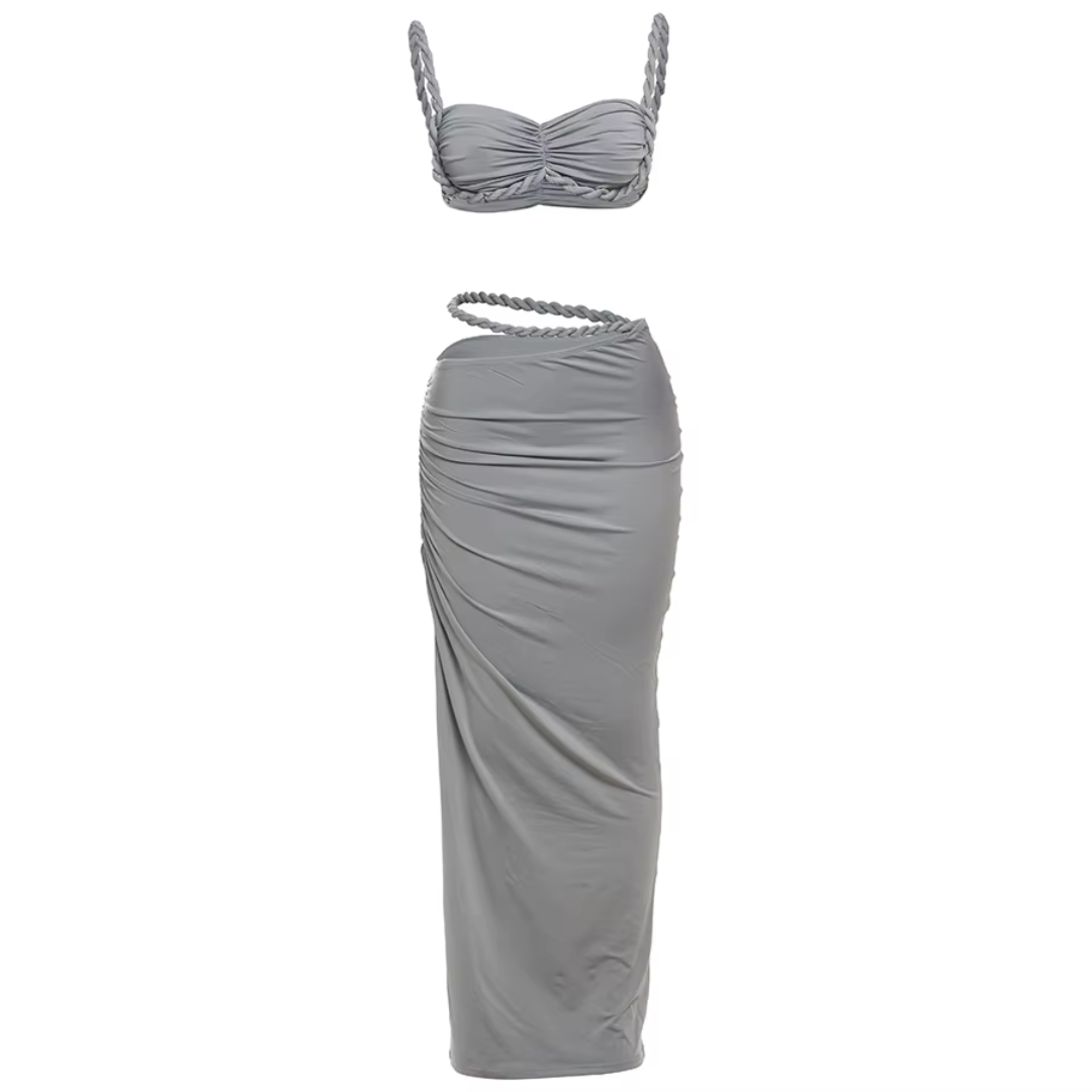 girlzhood Driftessa Set in Grau mit geflochtenem Crop-Top und figurbetontem Maxirock mit hohem Beinschlitz