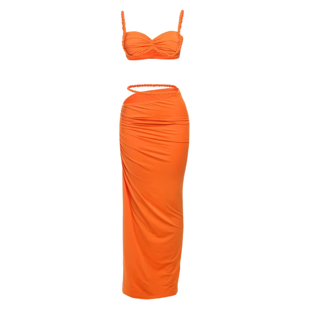 girlzhood Driftessa Set in leuchtendem Orange mit geflochtenem Crop-Top und figurbetontem Maxirock mit hohem Schlitz