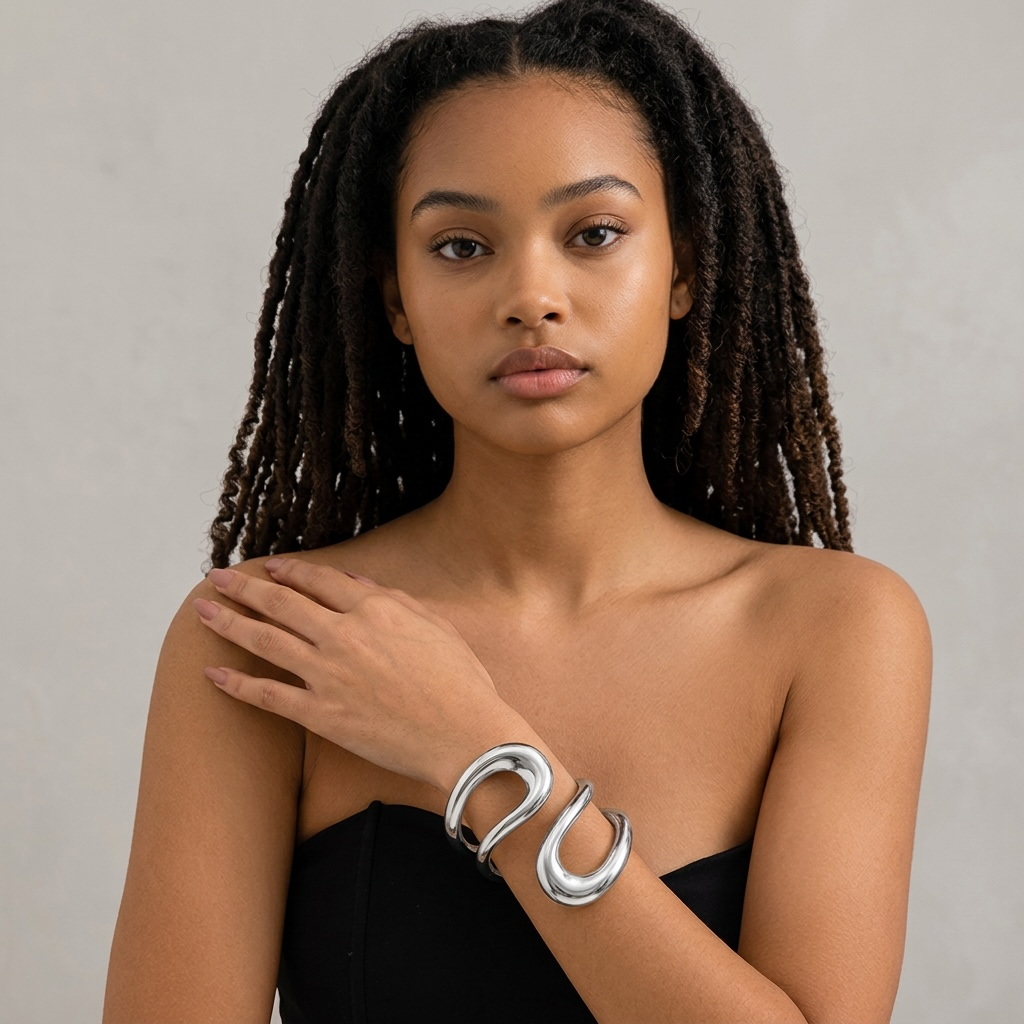 girlzhood Power Bracelet Eléa in Silber, ein skulpturaler, geschwungener Statement-Armreif an einem Model