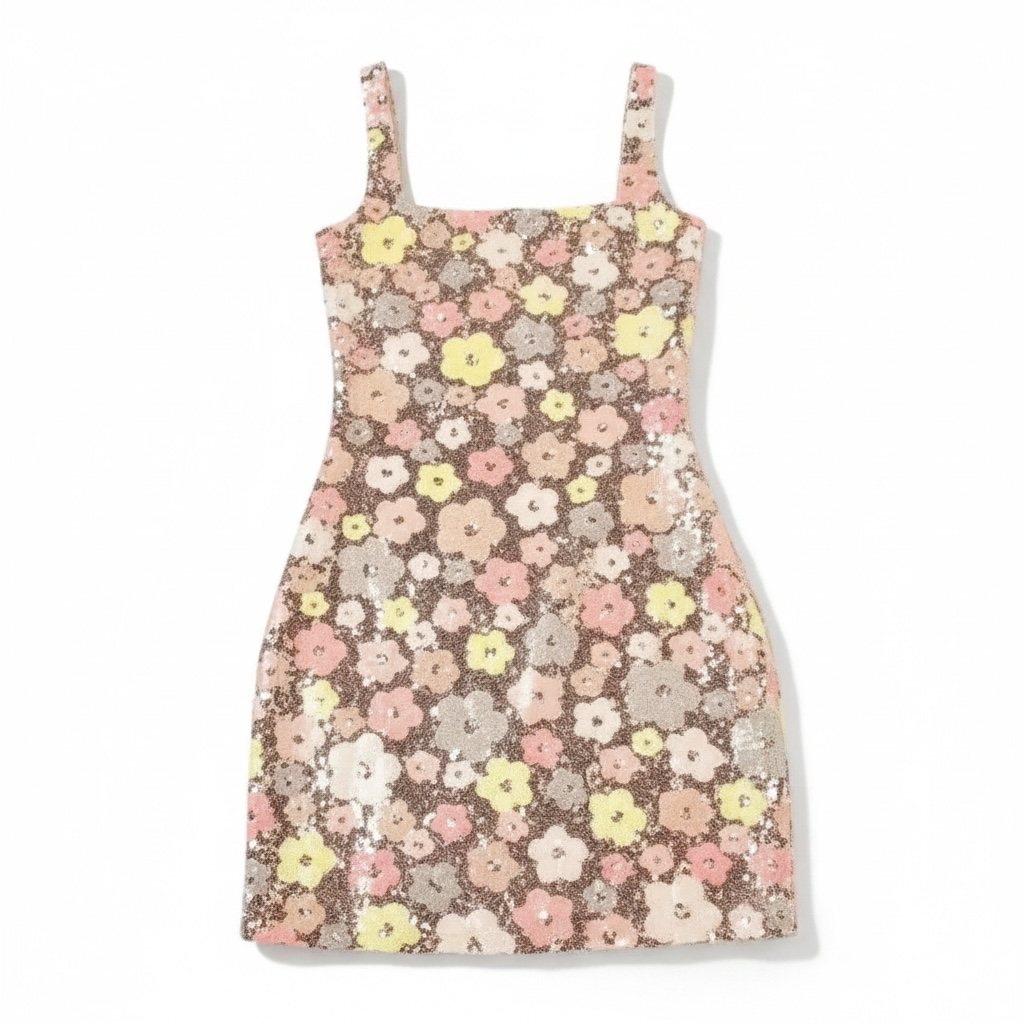 girlzhood Femme Fleur Minikleid mit Pailletten, Blumenmuster in Rosa und Gelb sowie eckigem Ausschnitt