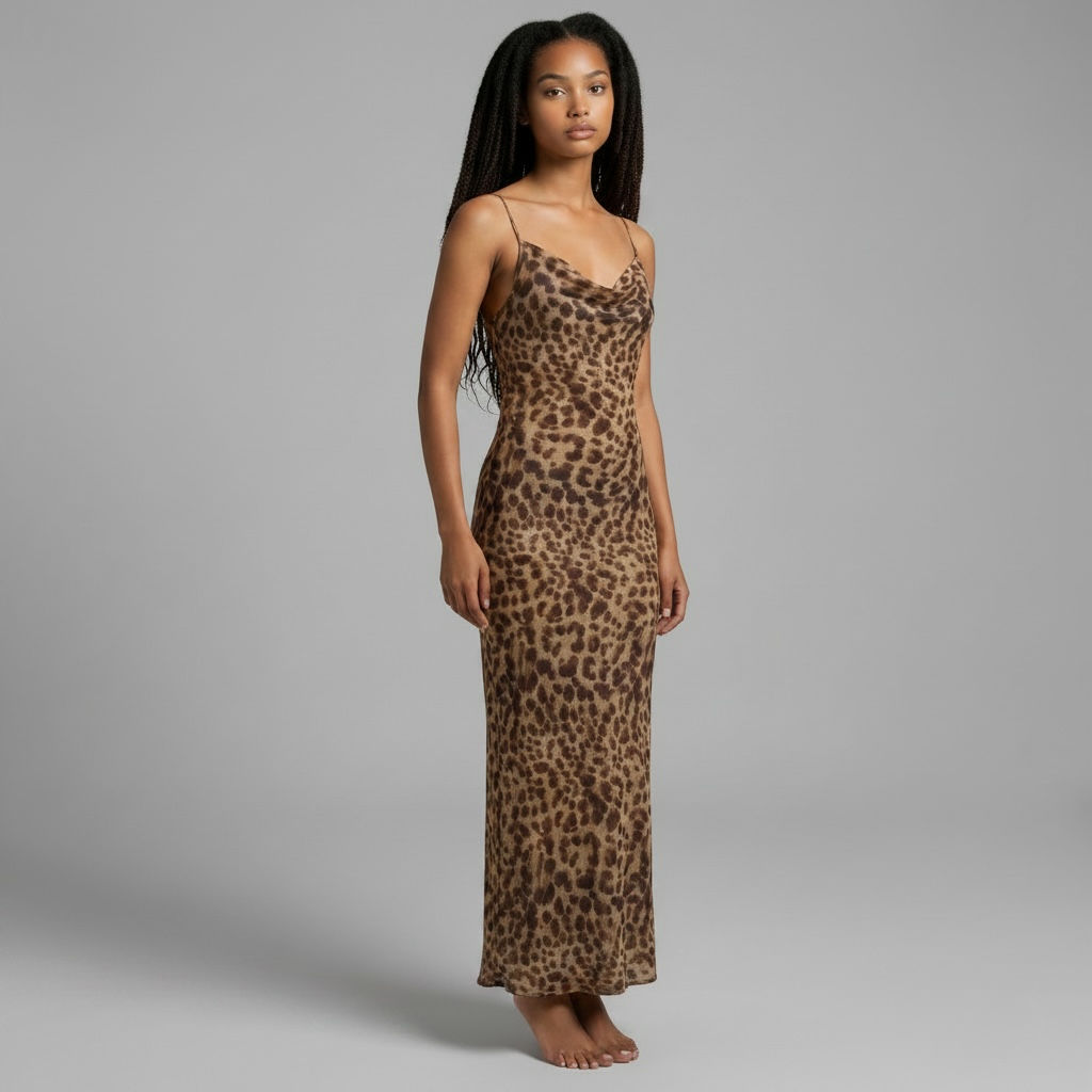 Model trägt das girlzhood Fiorenza Kleid im Satin-Look mit Leopard-Print, Spaghetti-Trägern und figurbetontem Schnitt.