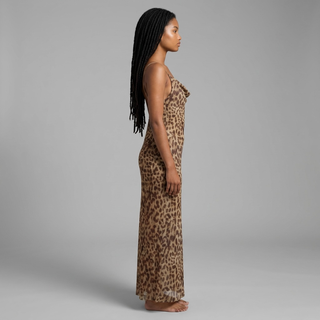 girlzhood Fiorenza Kleid mit Leopardenmuster, fließender Satin-Look, Spaghetti-Träger, figurbetont, Seitenansicht