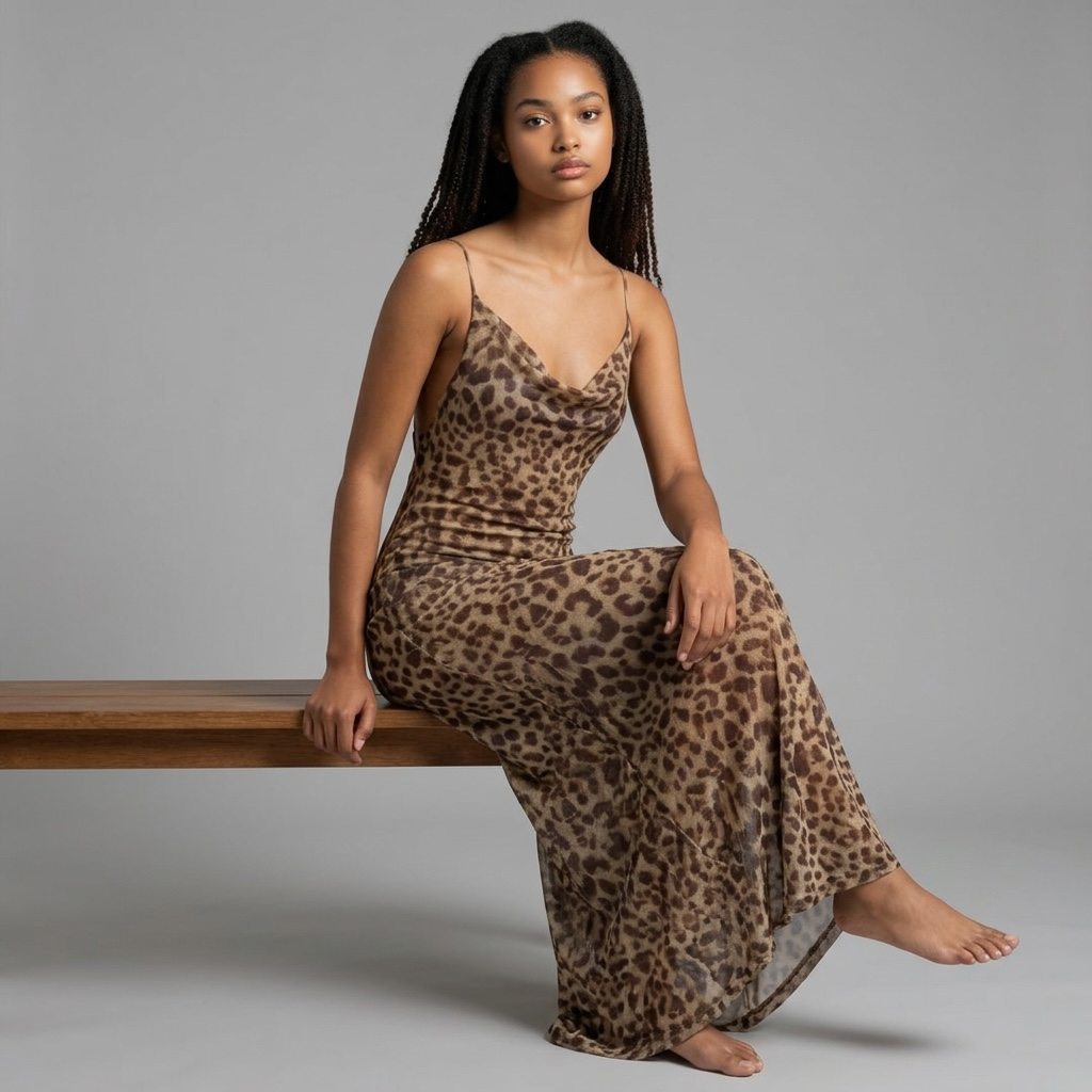 Model trägt das girlzhood Fiorenza Kleid im Satin-Look mit Leopardenmuster, Spaghetti-Trägern und fließendem Schnitt.