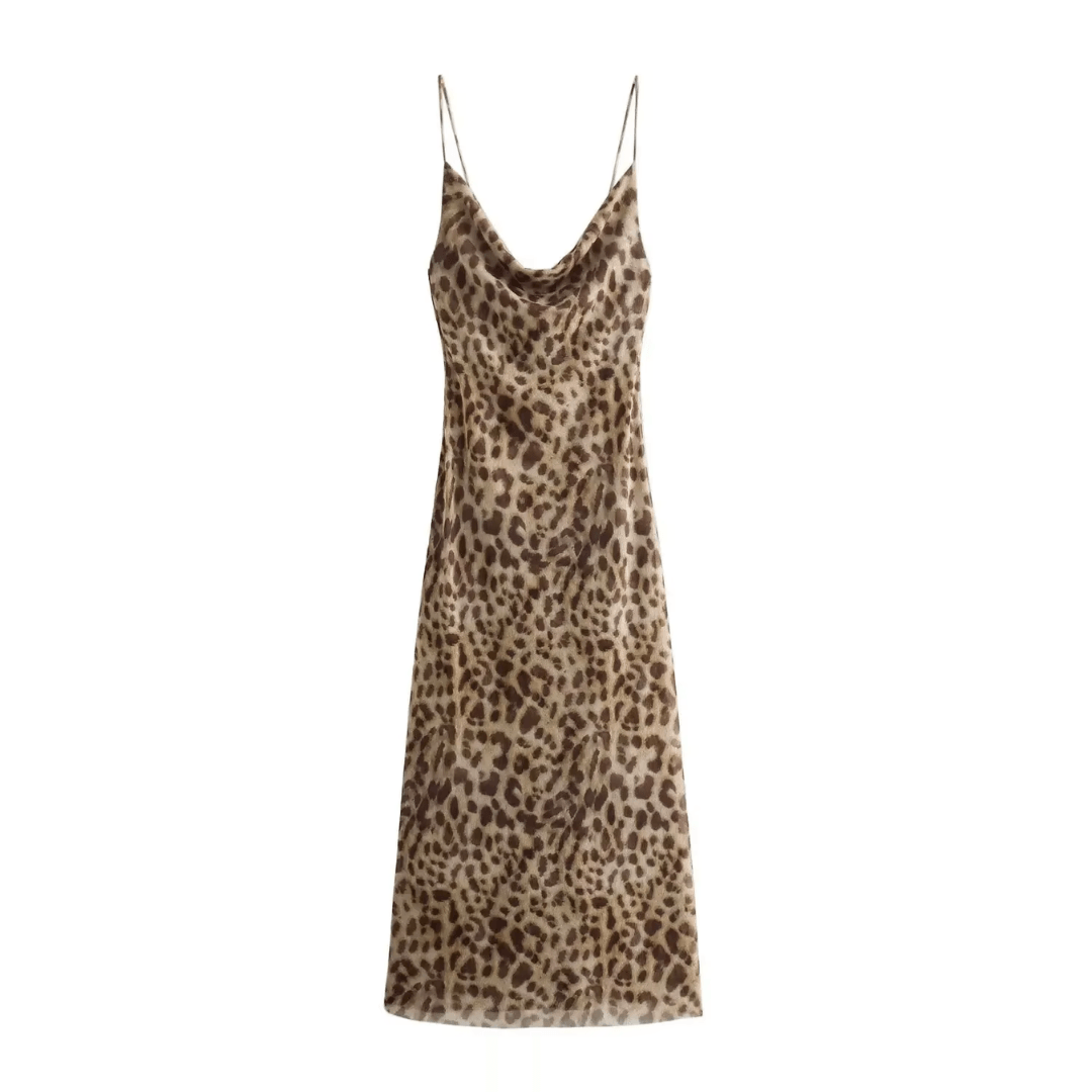 girlzhood Fiorenza Kleid mit Leopardenmuster, fließender Satin-Look, Spaghetti-Träger und eleganter Wasserfall-Ausschnitt