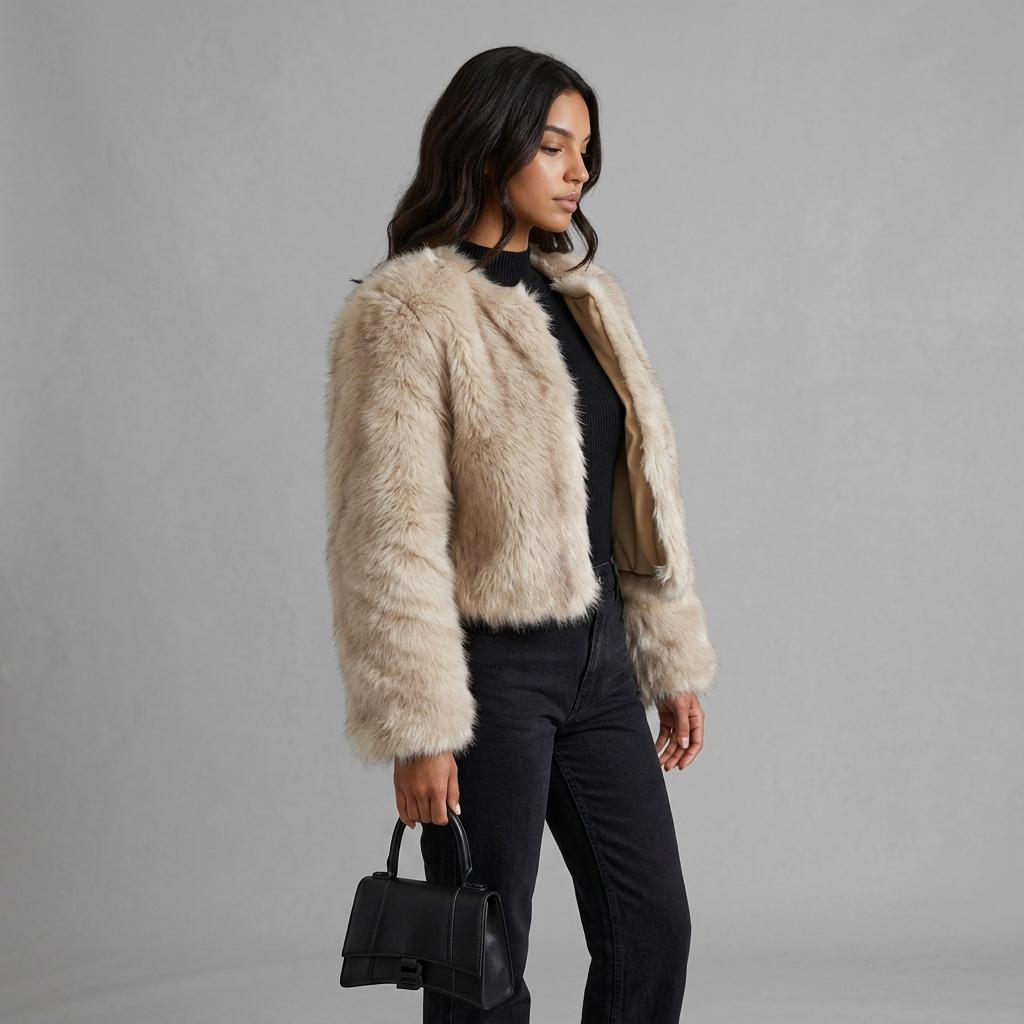 girlzhood Frost Vixen Kunstfelljacke in Champagne-Beige mit kurzem Schnitt, getragen von einem Model mit schwarzem Outfit