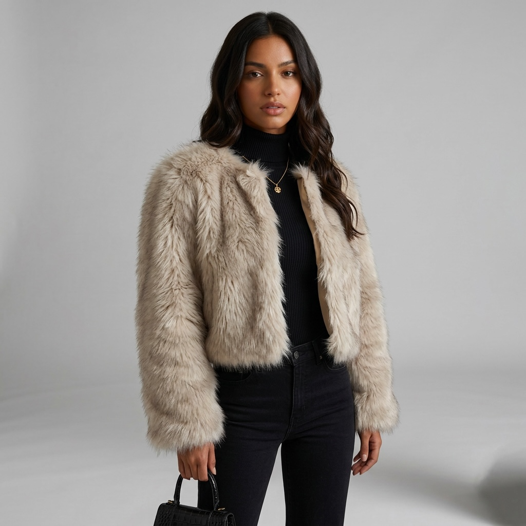 Model trägt girlzhood Frost Vixen Kunstfelljacke in Champagne-Beige mit kurzem Schnitt und weicher Textur