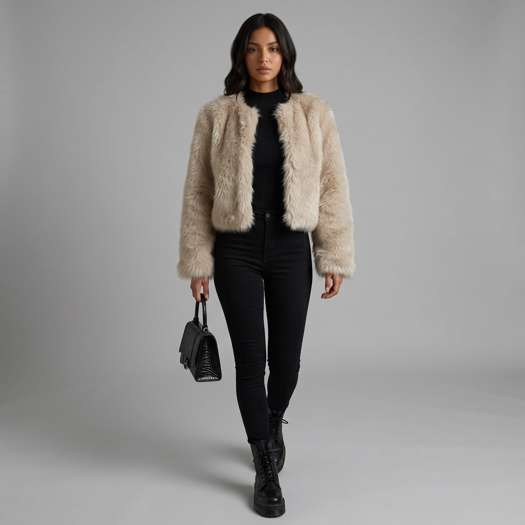 Model trägt girlzhood Frost Vixen Kunstfelljacke in Champagne-Beige mit kurzem Schnitt zu schwarzem Outfit