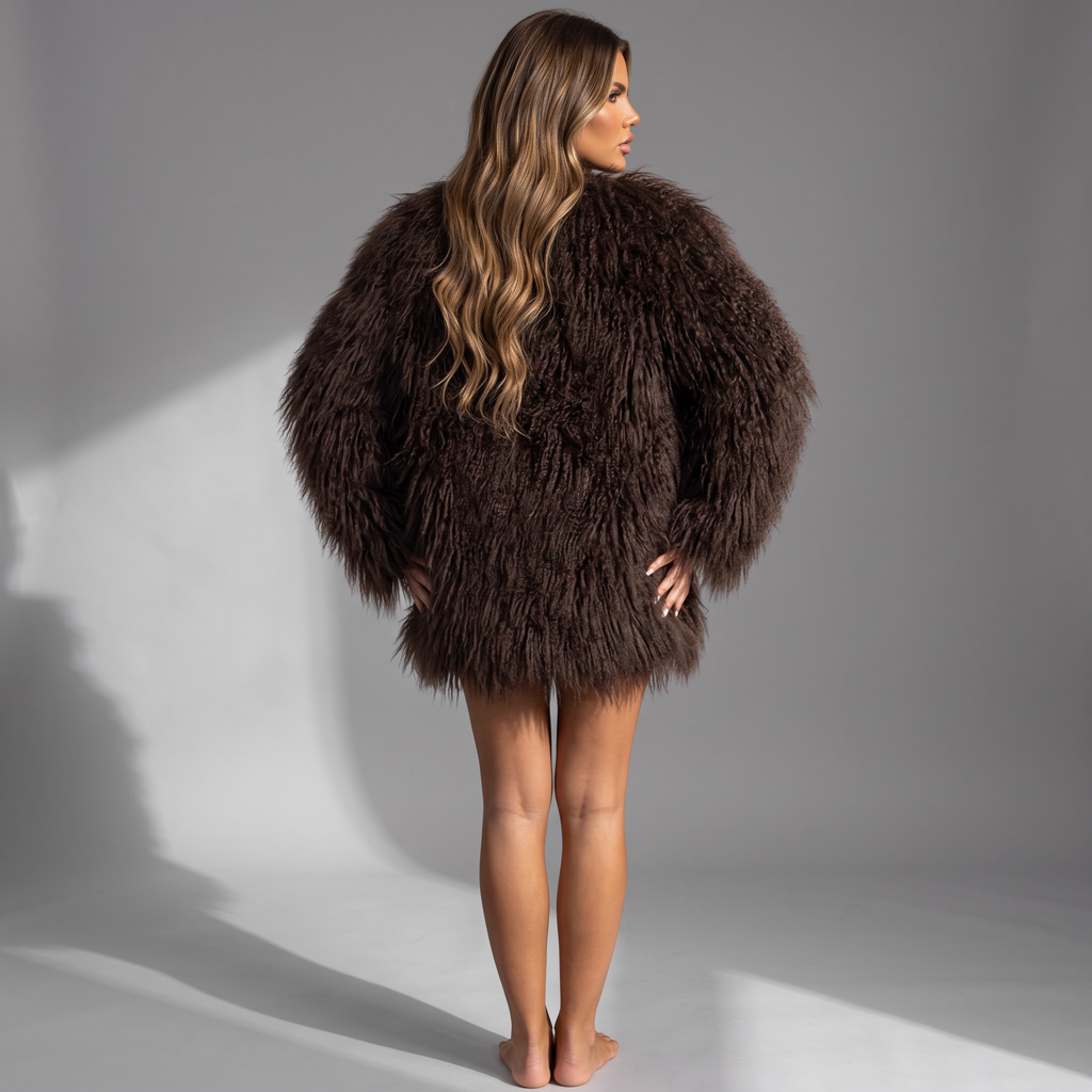 girlzhood Fuzzy Aura Kunstfelljacke in Braun mit voluminöser Textur und entspannter Passform von hinten gesehen