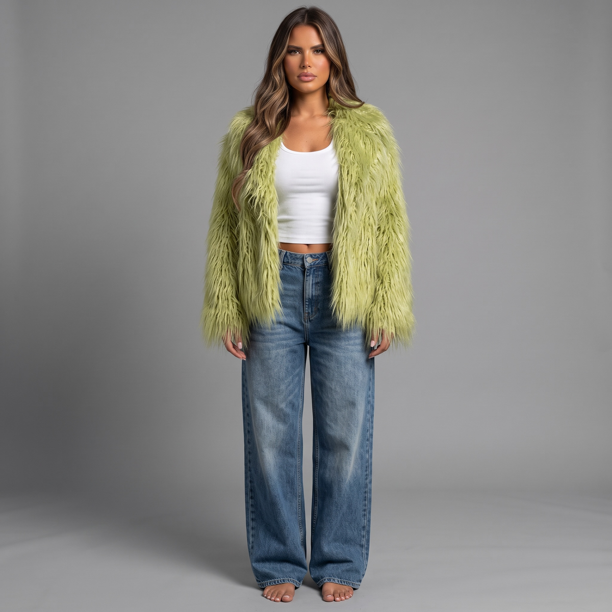Model trägt eine grüne Fuzzy Aura Kunstfelljacke von girlzhood mit weißem Top und weiter Jeans im Studio