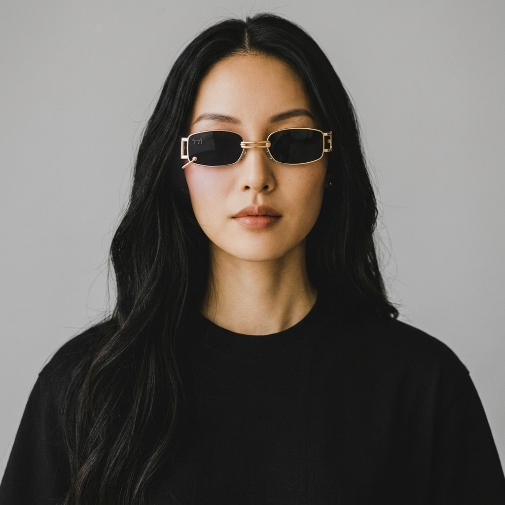 girlzhood G-Glow Sonnenbrille mit eckigem Goldrahmen und schwarzen Gläsern getragen von einer Frau