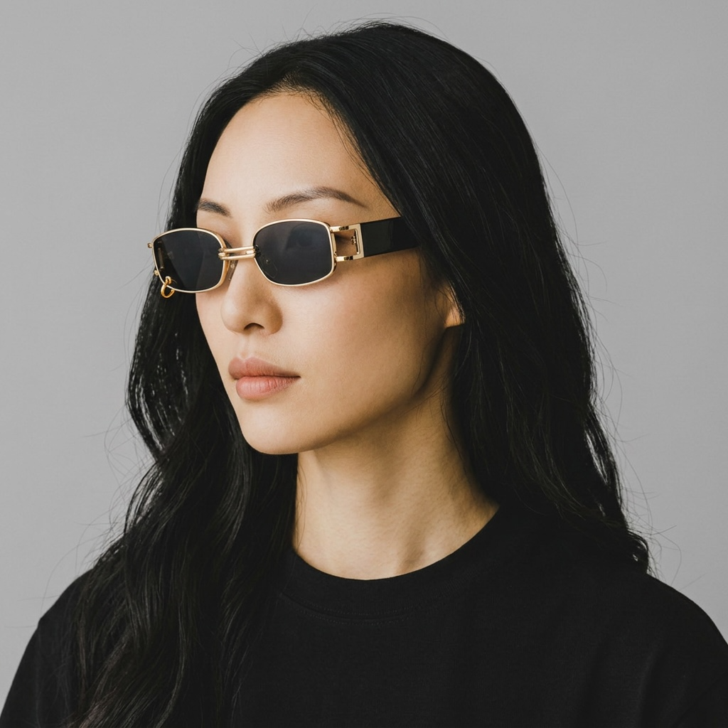 girlzhood G-Glow Sonnenbrille mit eckigem Goldrahmen und schwarzen Gläsern an einem Model