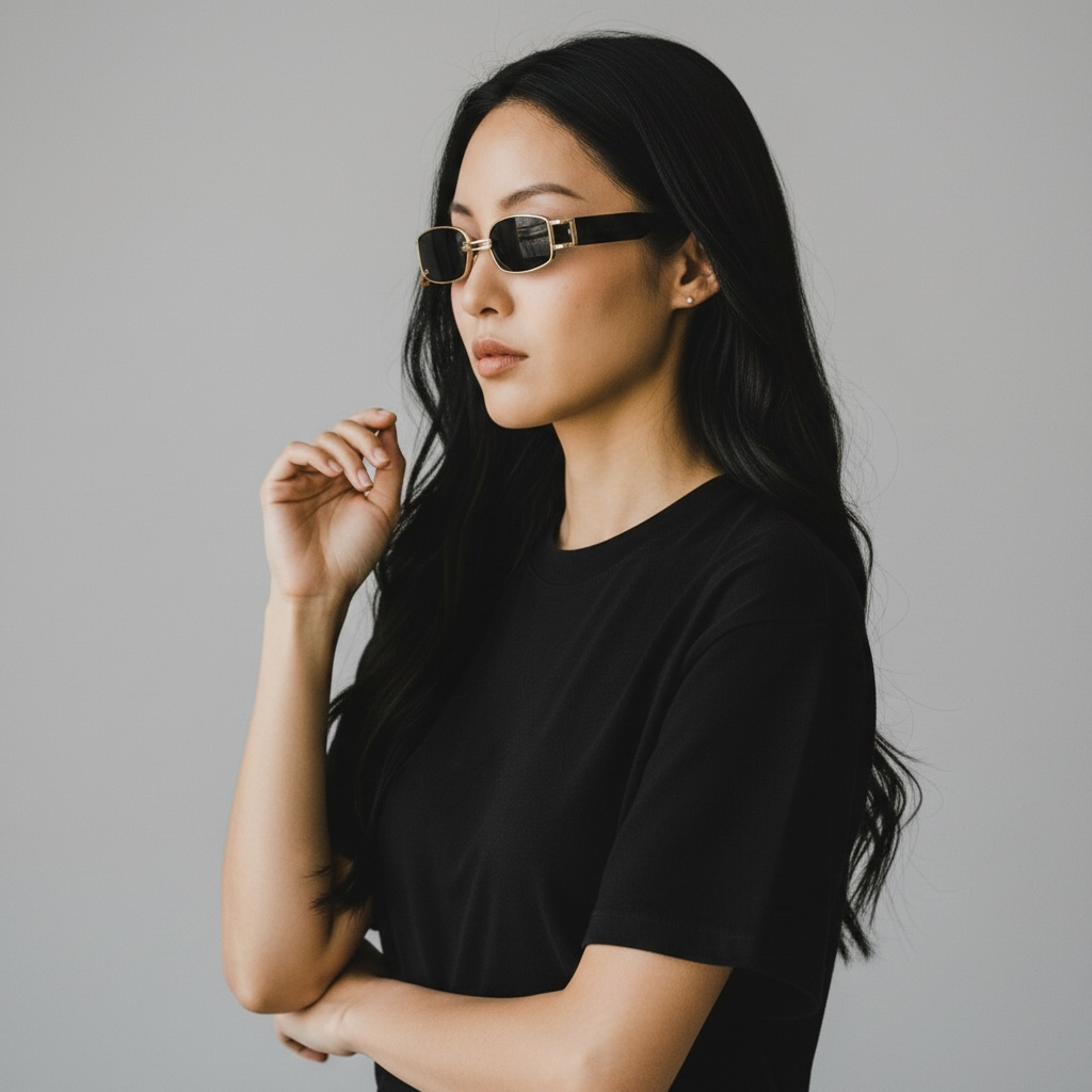 Eine Frau trägt die eckige girlzhood G-Glow Sonnenbrille mit schwarzem Rahmen und goldenen Akzenten im Profil.