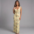 girlzhood gelbes Maxikleid mit floralem Print, V-Ausschnitt und Volant-Details aus fließendem Mesh-Stoff