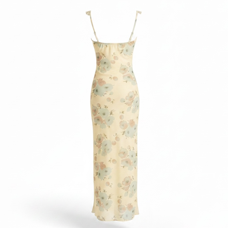 girlzhood Floral Vice Maxikleid in Gelb mit Blumenmuster, figurbetontes Mesh-Kleid mit Spaghettiträgern, Rückansicht