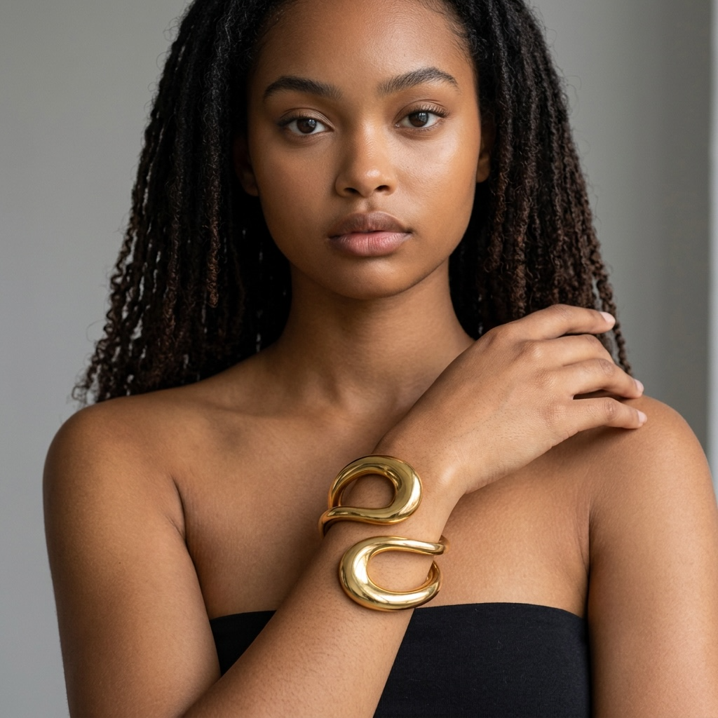 Model trägt den girlzhood Power Bracelet Eléa, einen geschwungenen, skulpturalen Armreif aus goldener Legierung.