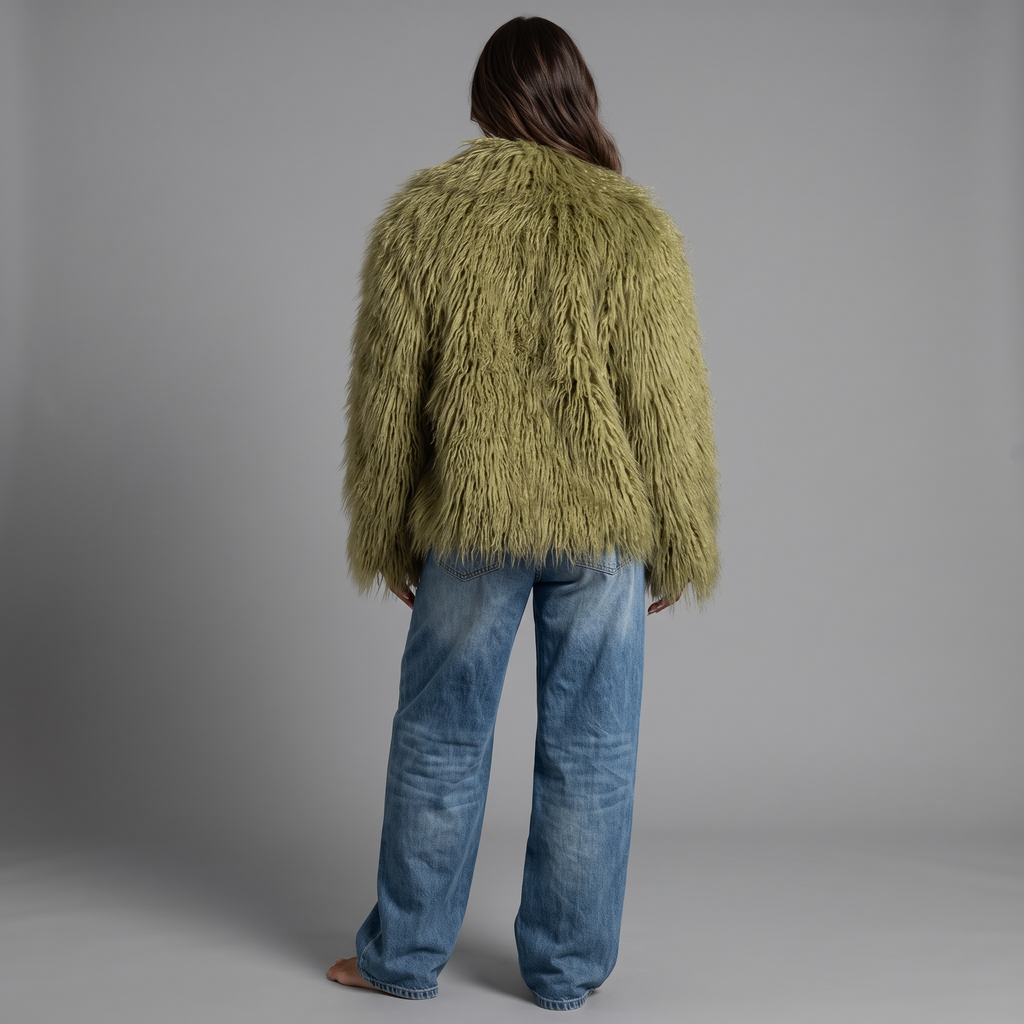 Rückansicht einer Frau in einer grünen Fuzzy Aura Kunstfelljacke von girlzhood kombiniert mit blauen Jeans