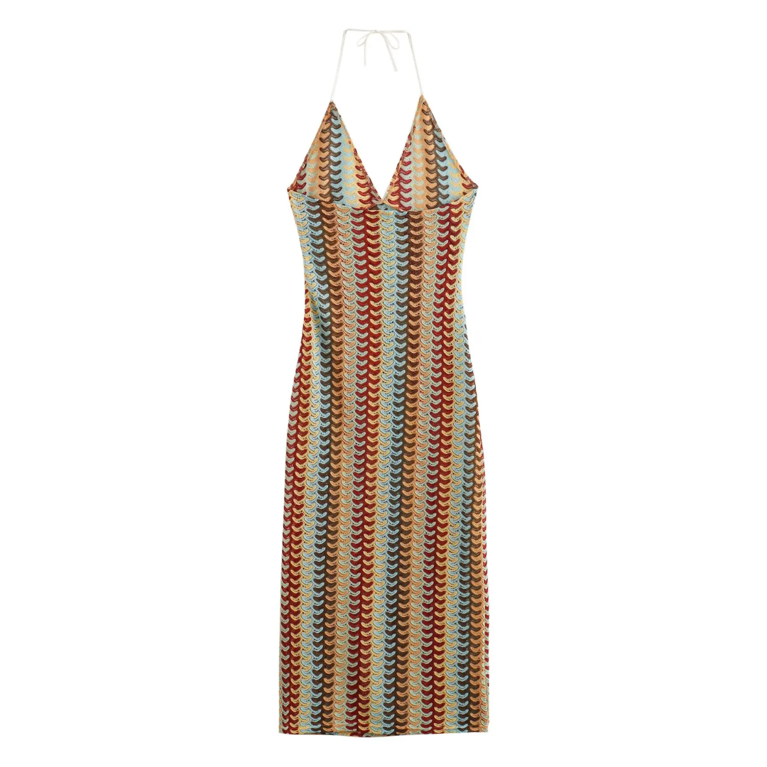 girlzhood Häkel-Maxikleid Carissima mit buntem Streifenmuster, V-Ausschnitt und Neckholder-Bindung